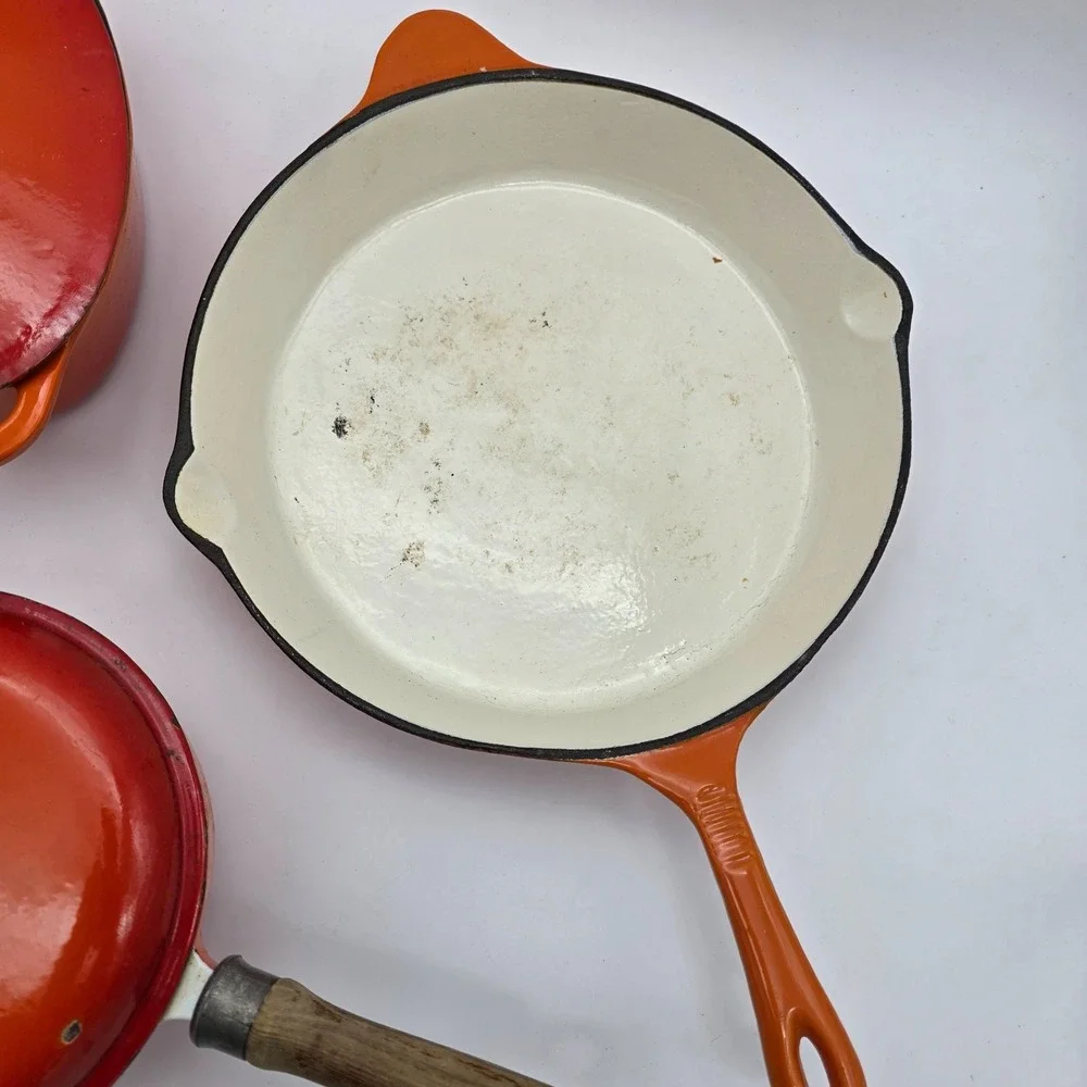 Vintage Unbranded #16 Pan, skillet, Casserole Flame Orange Enamel Cast Iron 70s?